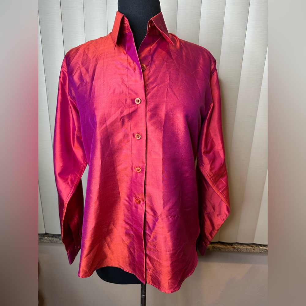 Imperio Vibrant Ombré Rust Pink 100% Silk Button-Up Shirt Size Medium